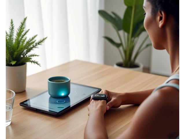 A collage of modern digital health tools: a sleek fitness tracker, a minimalist meditation app interface, and a smart scale, all integrated seamlessly into a healthy lifestyle for adults 35+.