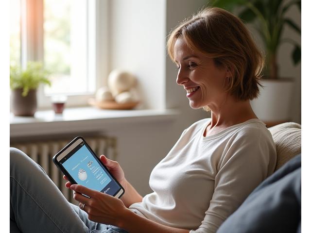 A person, age 40+, calmly interacting with a smart health dashboard on a tablet, surrounded by subtle healthy lifestyle elements like a plant or a water bottle. The interface is clean and visually appealing, demonstrating various connected health data points such as sleep, activity, and nutrition. The image conveys ease of use and holistic health management.