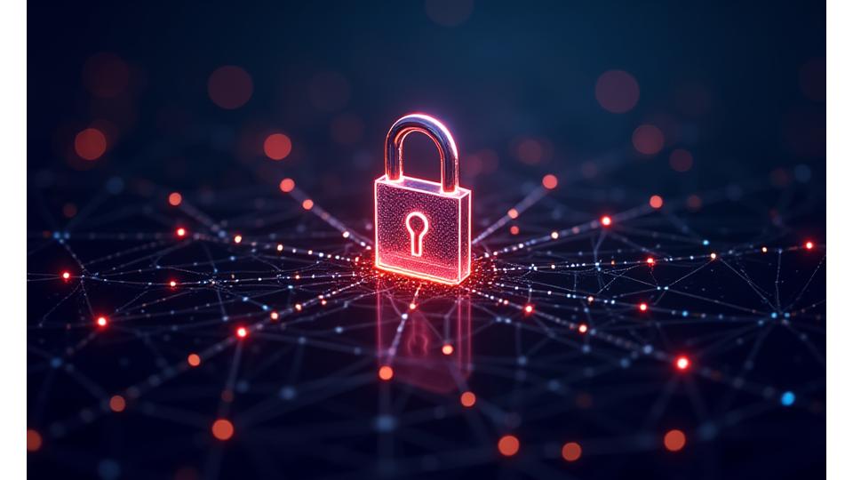 Abstract illustration of a padlock integrated with network lines, representing robust digital security.