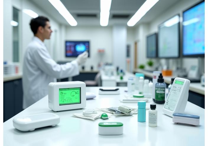 A clean, modern lab setting with various health monitoring devices, supplements, and fitness gear laid out for testing, with a person in a lab coat in the background.