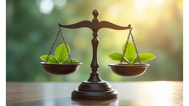 Stylized scales of justice with abstract health and wellness symbols, representing legal fairness in a health context.