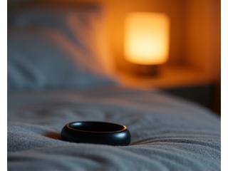 A soft, ambient bedroom setting with a sleep tracking ring on a bedside table next to a warm cup of herbal tea.